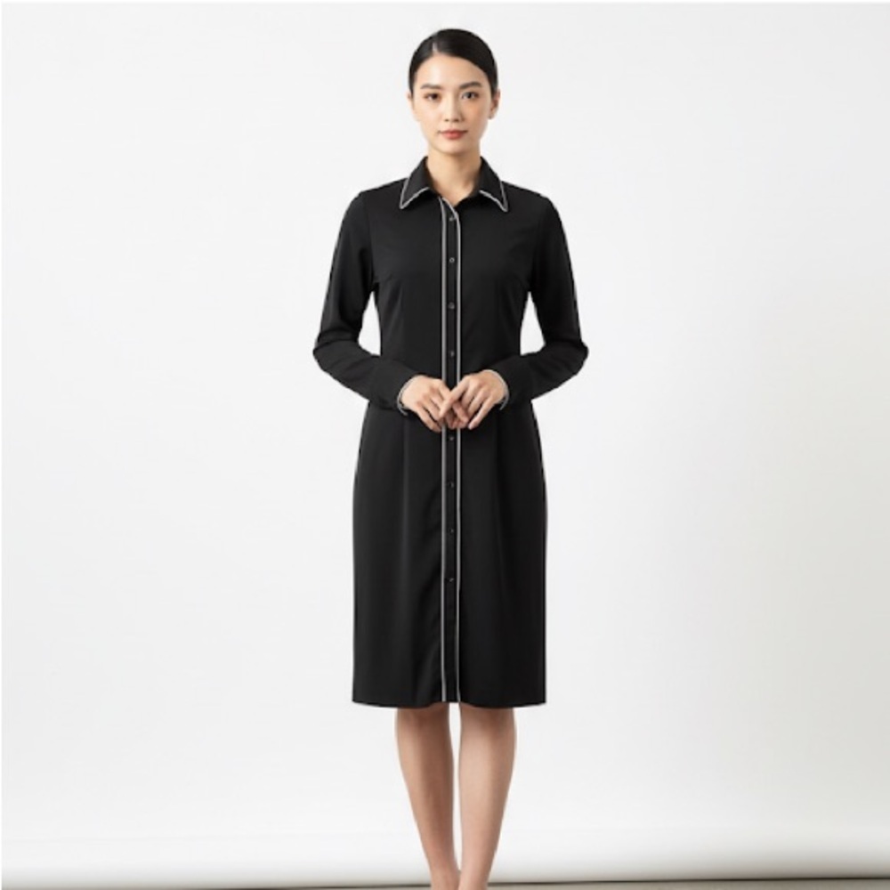 Vintage 1970s black midi shirt dress with white trim - XS